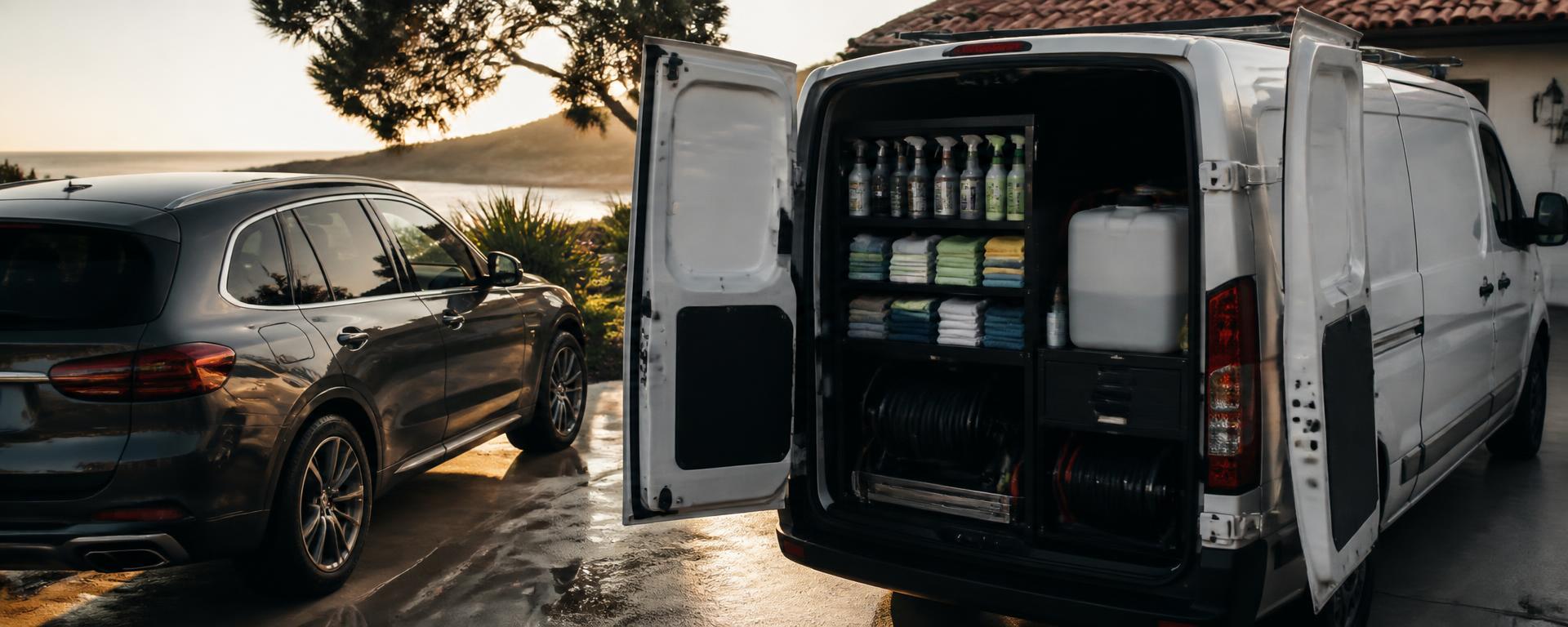 Mobile detailing van with water tank and hose reels parked on a shaded tree-lined street in golden sunlight
