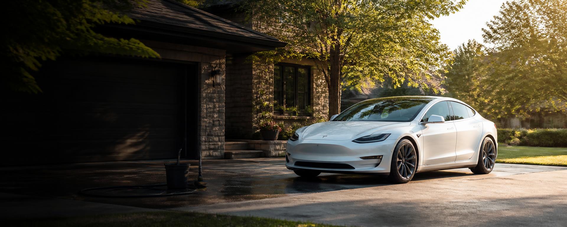 Freshly detailed white sedan parked in a sunlit suburban driveway with a detailing bucket and hose