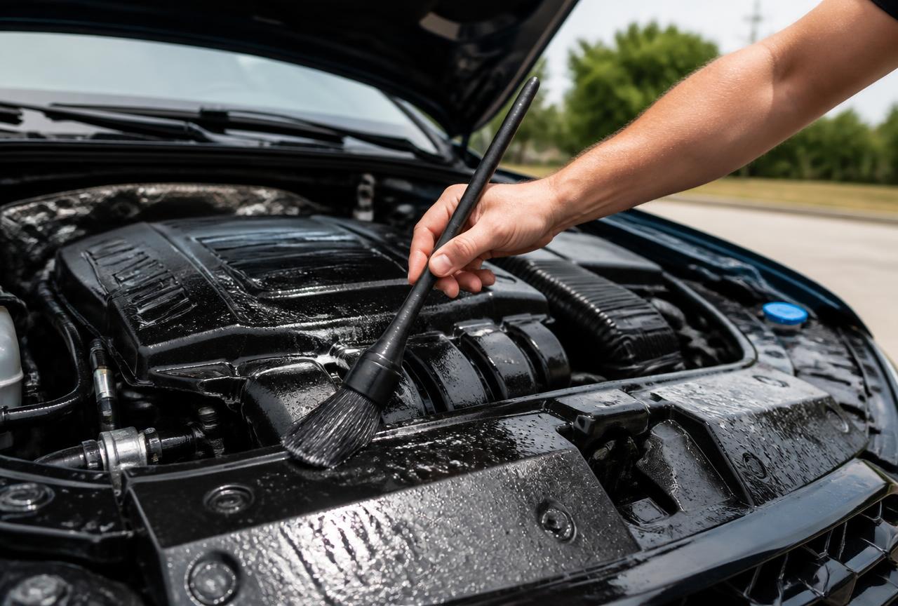 Long-handled detailing brush agitating degreaser on plastic engine covers inside an open car engine bay