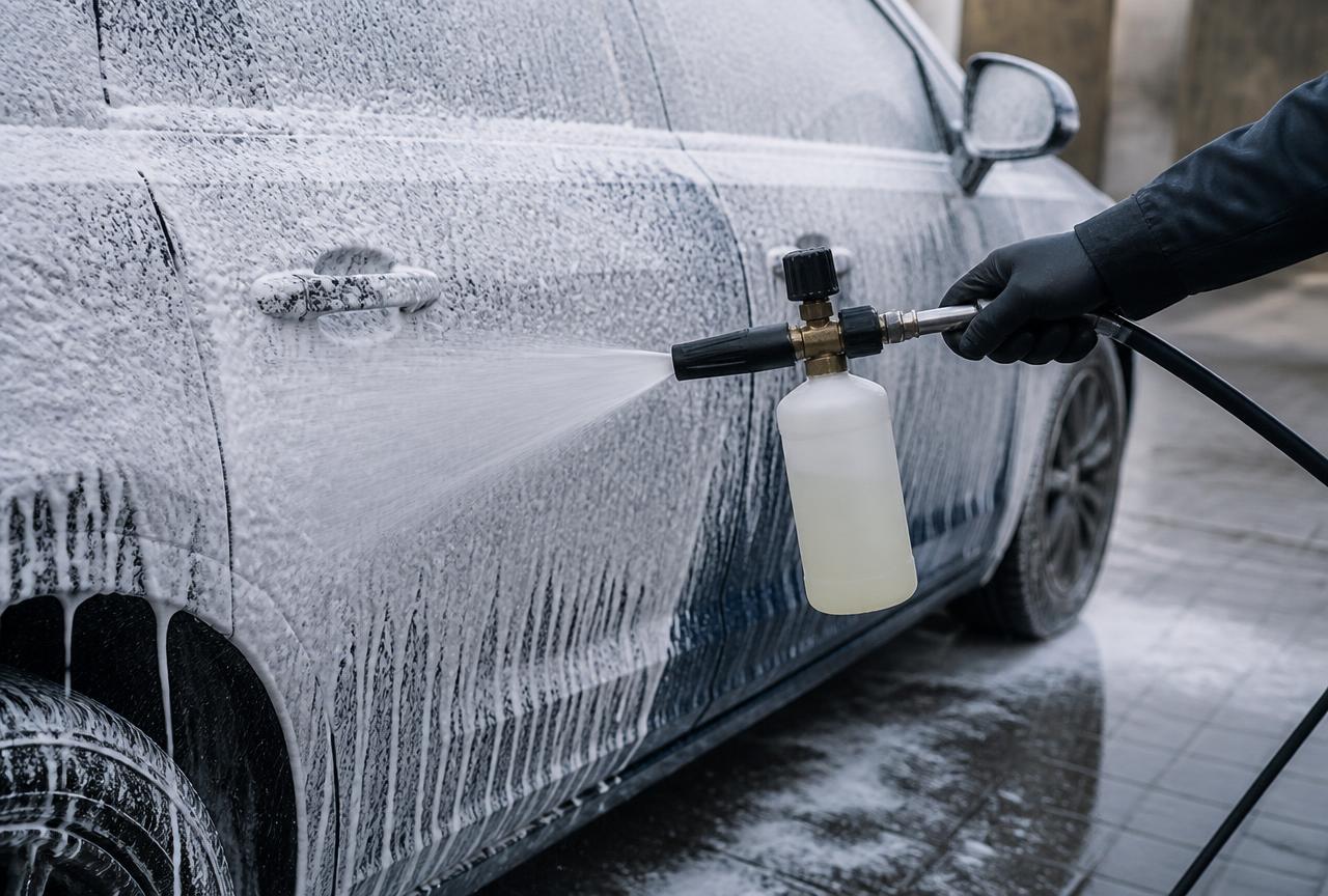 Foam cannon lance covering a car door panel in thick white snow foam during a mobile exterior detail