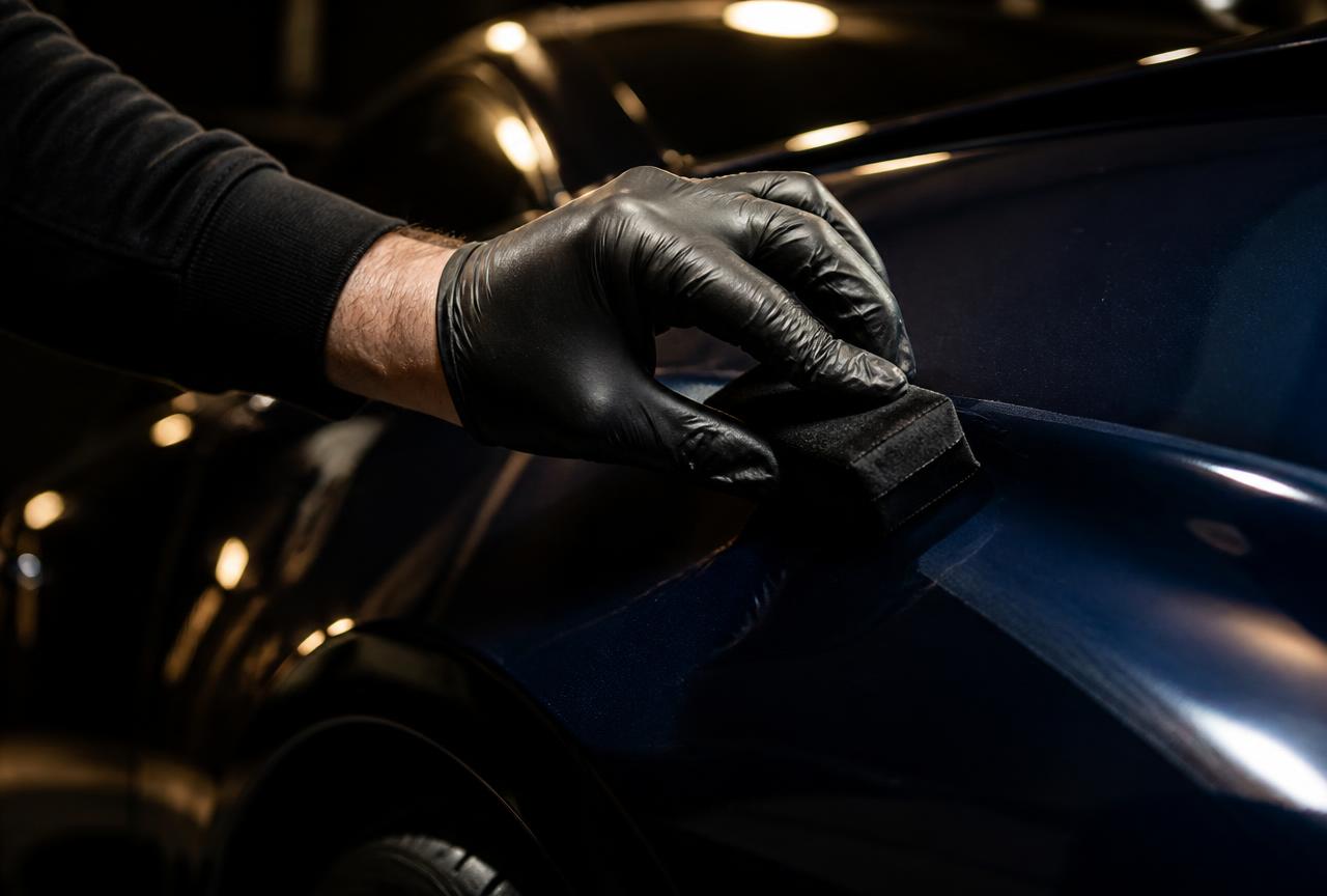 Suede applicator block spreading liquid ceramic coating on a blue car fender