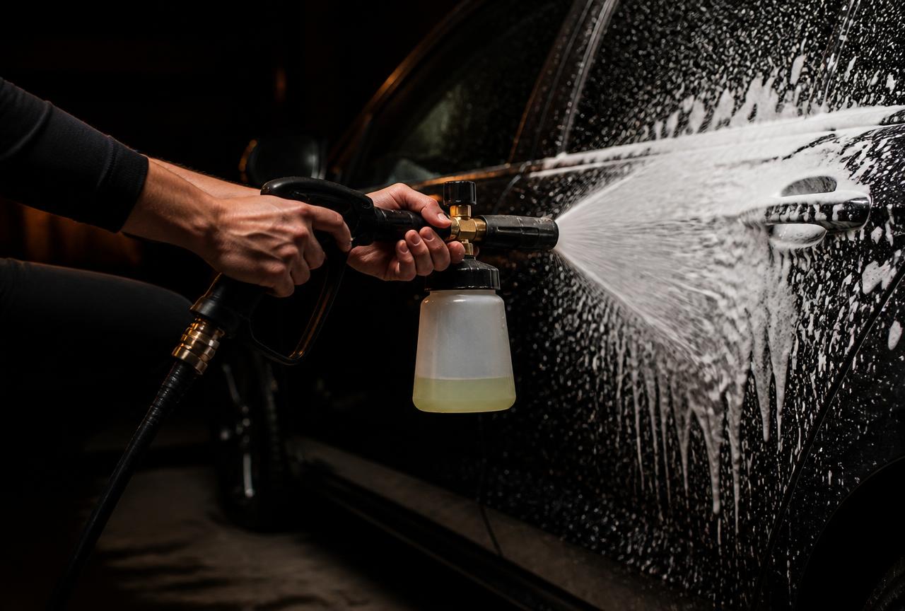 Foam cannon lance spraying thick wash foam onto a dark car door panel