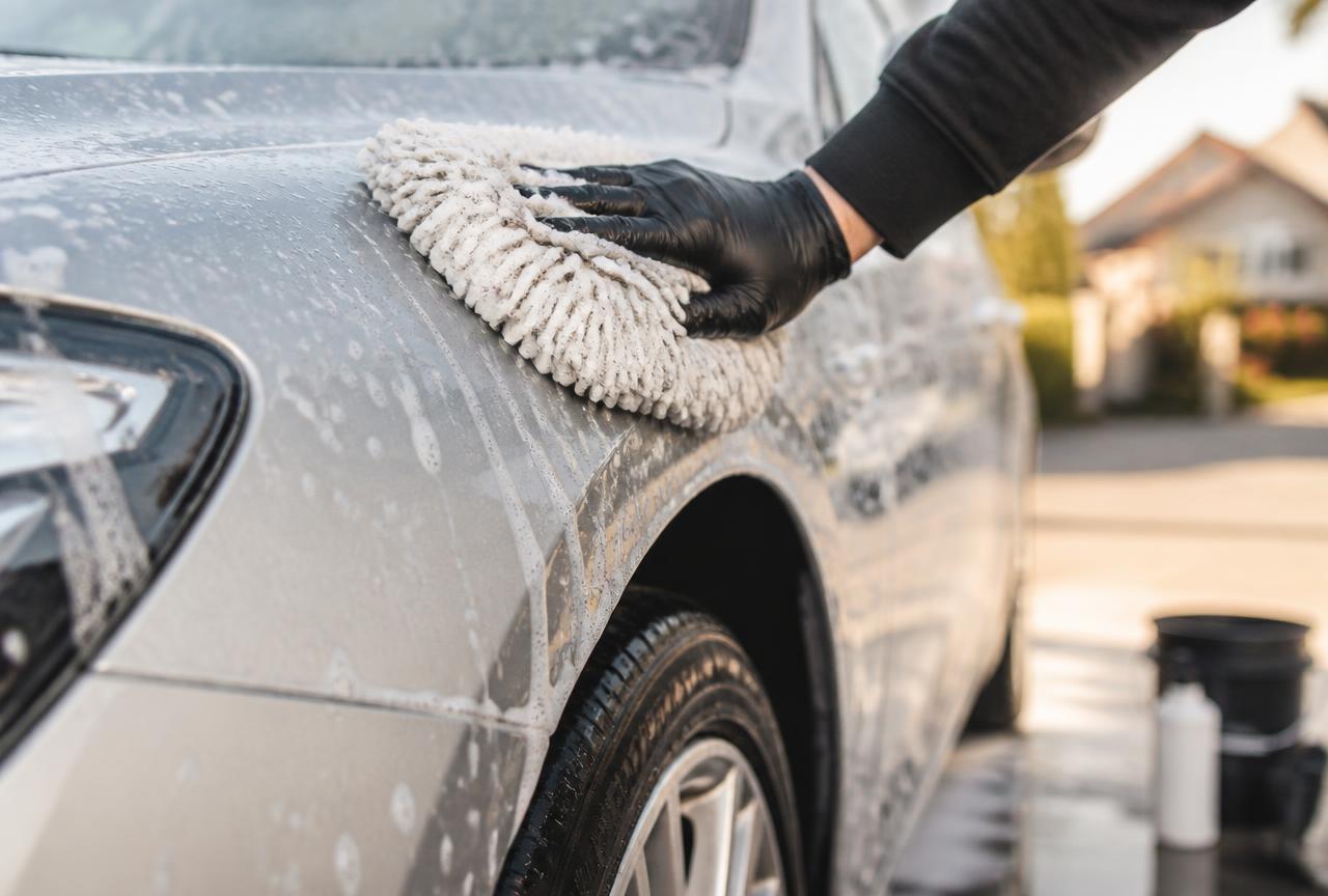 Plush microfiber wash mitt gliding across a soapy silver car fender during a mobile maintenance wash