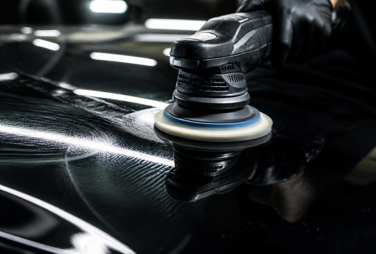 Dual action orbital polisher with foam cutting pad removing swirl marks from glossy black car paint